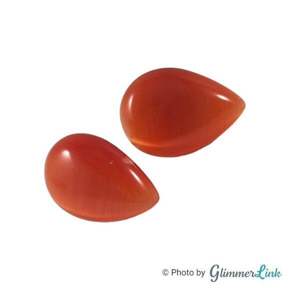 Cat's Eye Orange Glass Teardrop Gold Tone Brooch Earrings Jewelry Set - Picture 3 of 10